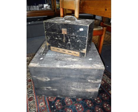 A VINTAGE MILITARY WOODEN CRATE, inscribed 'II HUSSARS PAO' and another smaller, 'C & W Newton Abbot Stn'
