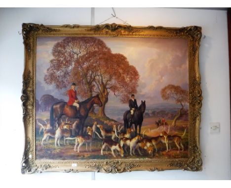 A 20TH CENTURY OIL ON CANVAS HUNTING SCENE, set in an extensive landscape, in a heavy gilt frame