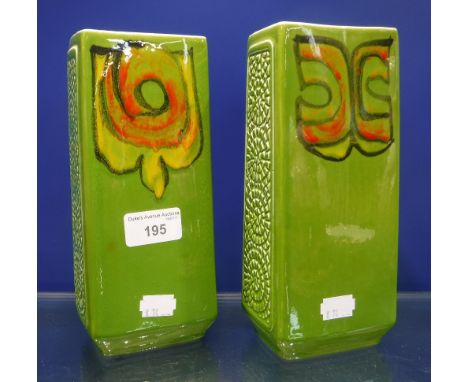 A PAIR OF POOLE 'DELPHIS' LIME GREEN GLAZED VASES, 'style 36', 8.25 high