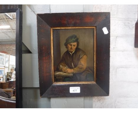 A 19TH CENTURY OIL ON PANEL PAINTING in the style of David Teniers of a man holding a clay pipe, in a simulated rosewood fram