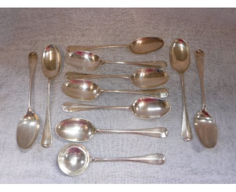 A SET OF TEN RAT-TAIL SILVER TABLESPOONS and a similar sauce ladle (11)