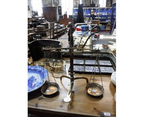 A SET OF BRASS APOTHECARY SCALES, 21" high 