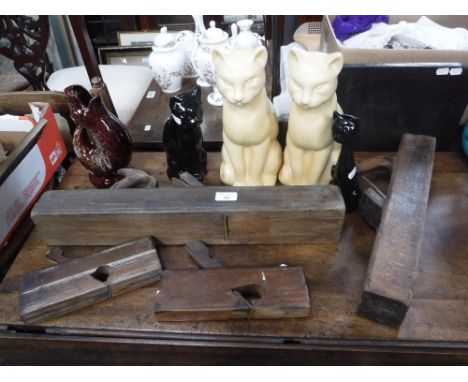 A COLLECTION OF VINTAGE WOODEN PLANES, ceramic cats and a 'gurgle' jug