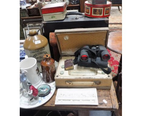 A VINTAGE STONEWARE FLAGON 'INDE COOPE'S', a vintage radio, sewing machine, tins, ceramics and sundries