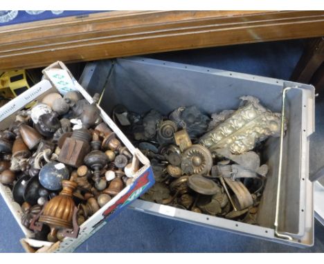 A COLLECTION OF OLD WOODEN FURNITURE FINIALS, a collection of Victorian brass curtain fittings, to include tie-backs and supp