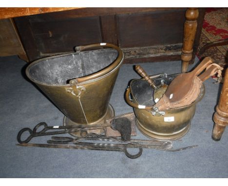 A BRASS COAL SCUTTLE, iron fire tools and related items