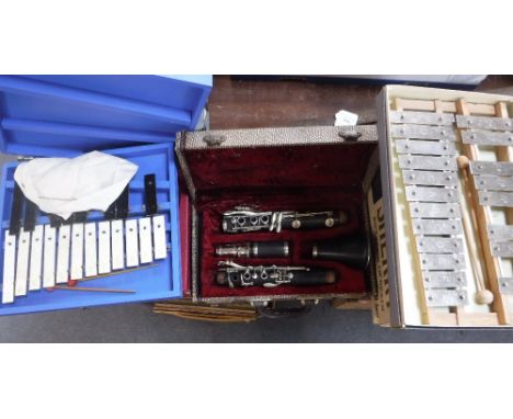 A CONSOLE CLARINET IN FITTED CASE and two child's Xylophones 