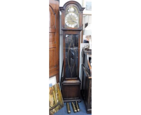 A 1930S OAK LONGCASE CLOCK with brass dial and silvered chapter ring, with chiming movement and three brass weights, 78" high