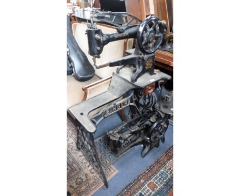 A VINTAGE SINGER SEWING MACHINE, for glove making/leather work, with hand action and treadle base also, with a similar commer
