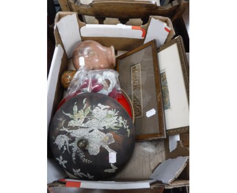 A VINTAGE WAX DOLL, a doll's head and sundries