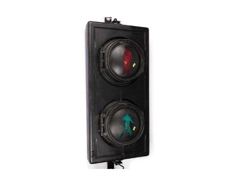 A pedestrian traffic light, by Traffic System Co-operative Limited, with wall mounting brackets, wired for electricity, 132cm