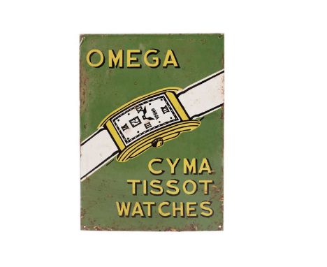 An enamel advertising sign - 'Omega, Cyma, Tissot Watches', 35.5 x 51cms high.