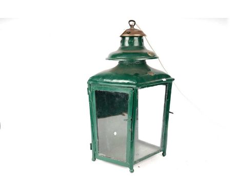 A vintage green painted brass gas lantern, by R.C. Murray, Carlton Court, Bridge St, Glasgow, with applied brass makers plaqu