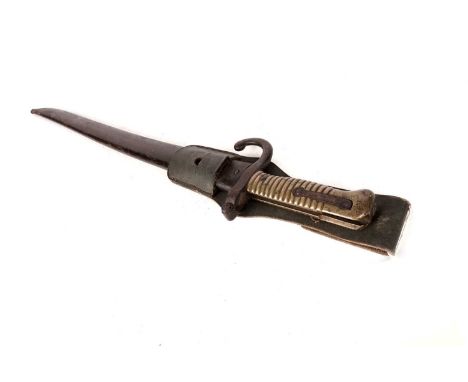 A 19th Century French Chassepot rifle bayonet, with brass grip and full metal scabbard, stamped to iron guard 8250, with leat