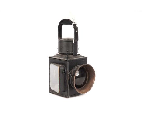 A black painted cast metal railway lantern, by William Green, Leeds, 33cms high.