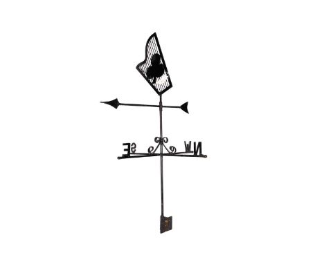 A black painted cast metal weathervane, the finial of Irish interest with harp and shamrock design, 113cms high.