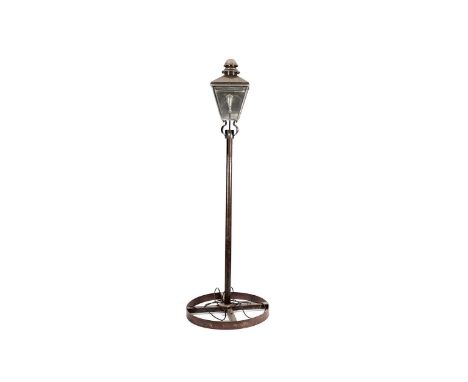 A old metal electric street lantern on cast iron screw pattern stem and steel wheel pattern base, 80cms diameter, 242cms high