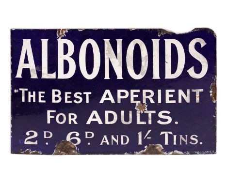 An enamel advertising sign - Albonoids, The Best Aperient for Adults, 2D 6D and 1' Tins, of rectangular form with white text,