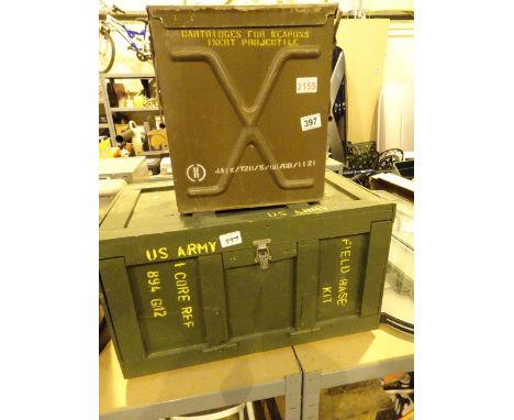 US Army field base kit wooden carry box and a metal ammo box 