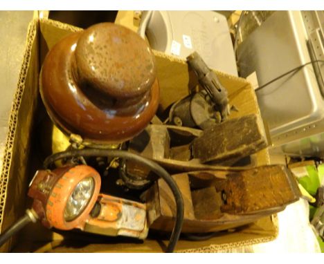 Box of mixed tools Tilley lamp etc 
