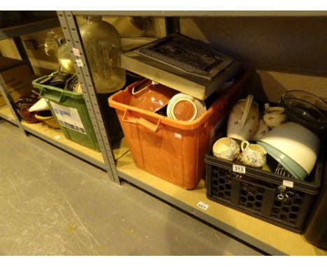Two shelves of mixed items including ceramics glass camera scales etc