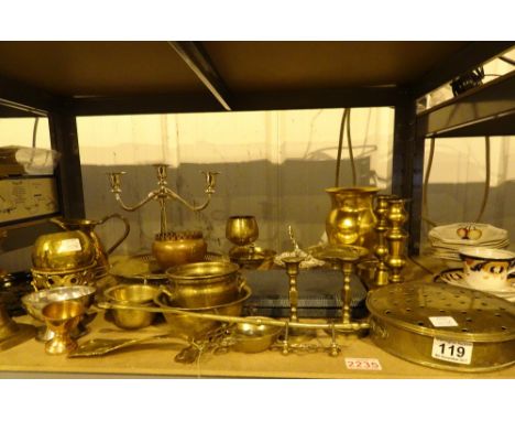 Shelf of mixed metal ware including brass and copper