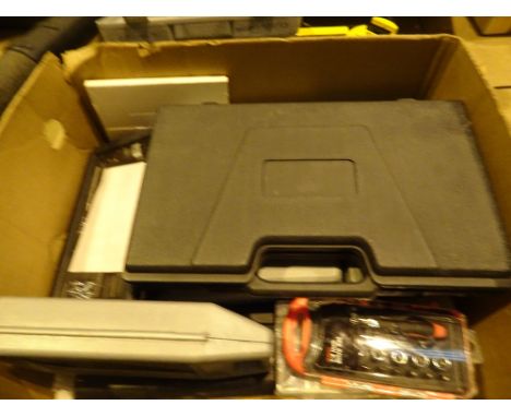 Box of mixed tools and fixing or fittings inc tap reseater screwdriver and bits hooks screws etc