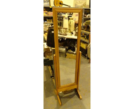 Pine framed full length mirror wicker picnic basket and metal lamp shade