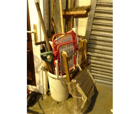 Selection of gardening tools and two childrens folding seats with wooden folding chair