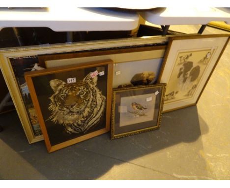 Five assorted prints and framed tapestry pictures