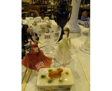 Royal Doulton Lady Patricia and Lady Chloe a cut glass bowl and a pin cushion doll 