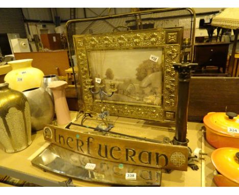 Two brass firescreens candlestick table lamp mirror and wooden name board Inerfueran
