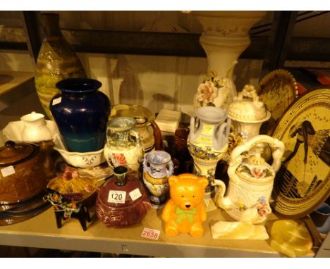 Shelf of mixed ceramics including vases