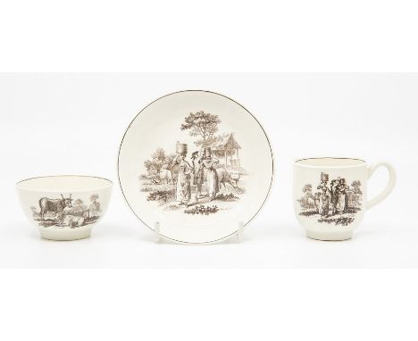 A Worcester trio, circa 1765, printed in black with the 'Milkmaids' pattern, comprising teabowl, coffee cup and saucer, sauce