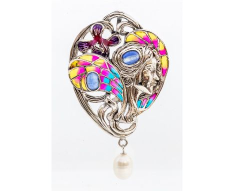 A plique a jour silver and enamel brooch in the form an Art Nouveau style figure, set with  oval cabochon sapphires and oval 