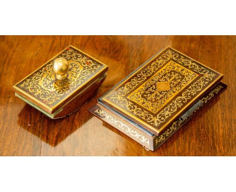 A French brass inlaid boulle blotter and stand, late 19th Century, of rectangular form with ball finial, the stand with leath