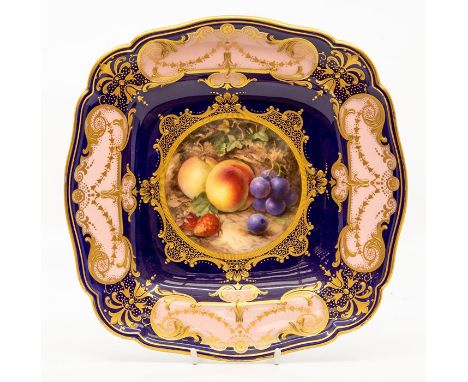 A Royal Worcester dessert dish by Richard Sebright, dated 1912, of lobed square shape and finely painted with apples and berr