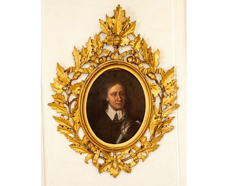 English School, 19th CenturyA portrait of Oliver Cromwell, unsigned, within a giltwood frame of oval trailing leafy oak branc