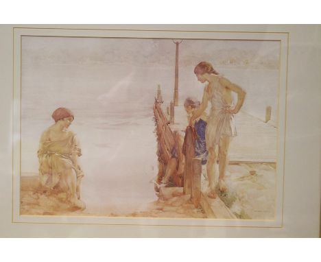 After William Russell Flint (British, 1880-1969)Figures at a jetty, reprographic print, framed24cm x 34cm