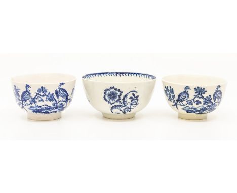 Two Worcester teabowls and saucers, circa 1770-90, printed in blue with the 'Birds in Branches' pattern, together with anothe