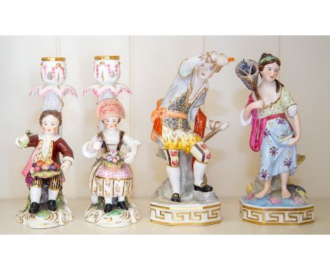 Two pairs of Derby porcelain figures, 20th Century, modelled after 18th Century patterns, the first representing water and fi