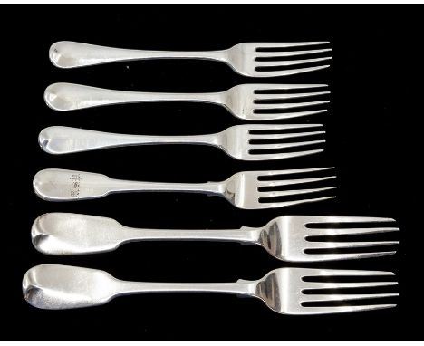 A pair of George IV silver dinner forks, Clement Cheese, London 1825, Fiddle pattern, together with three small table forks, 