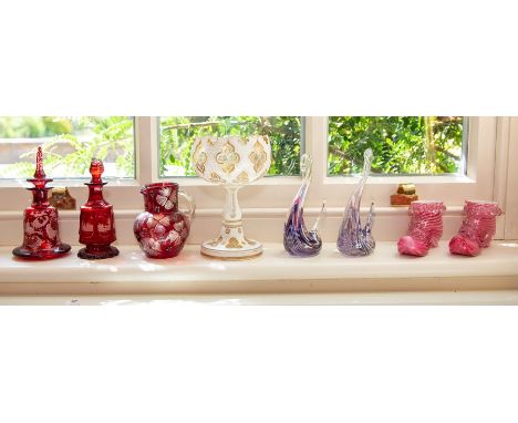 A group of Bohemian and other glassware, 19th-20th Century, to include a white overlay goblet vase, 19cm, a ruby scent bottle