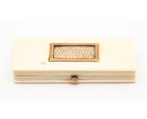 A Victorian ivory patch box, of rectangular shape, the hinged cover inset with a rose gold framed mount containing memorial p
