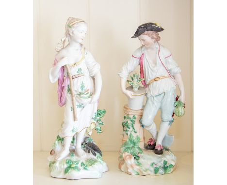 A pair of Derby porcelain allegorical figures, circa 1770, modelled as a maiden and boy, she holding a fishing net with fish 