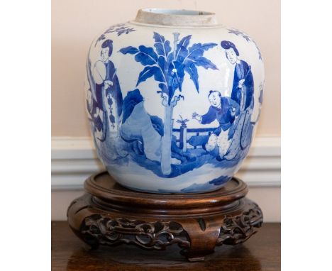 A Chinese blue and white ginger jar, 19th Century, painted in the Kangxi manner with ladies and boys in a garden, 21cm high (