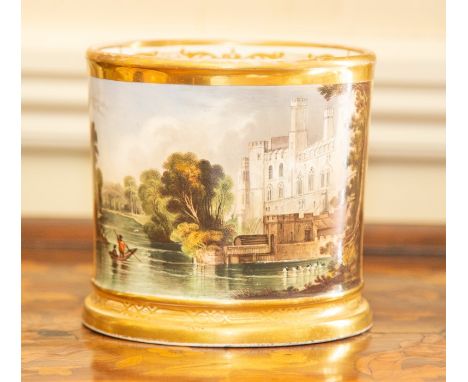 A Chamberlains Worcester porcelain cabinet porter mug, circa 1870, with leaf-moulded handle, painted with a view of Warwick C