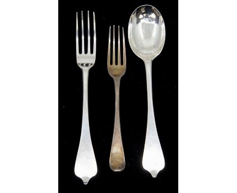 An 18th/19th Century Dutch white metal fork and spoon, with rat tail to bowl, together with a small George III silver table f