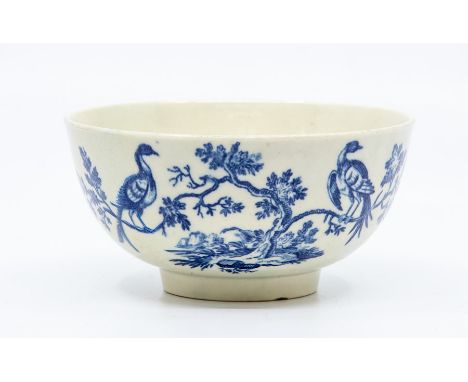 A Worcester sugar bowl, circa 1770-90, printed in blue with the 'Birds in Branches' pattern, 12cm dia. (minor restoration)