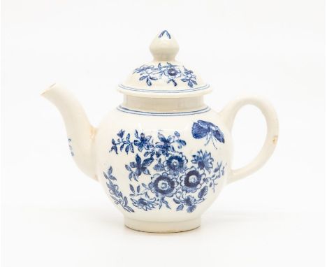 A Worcester miniature teapot and cover, circa 1770, of globe form with plain loop handle, printed in blue with the 'Three Flo